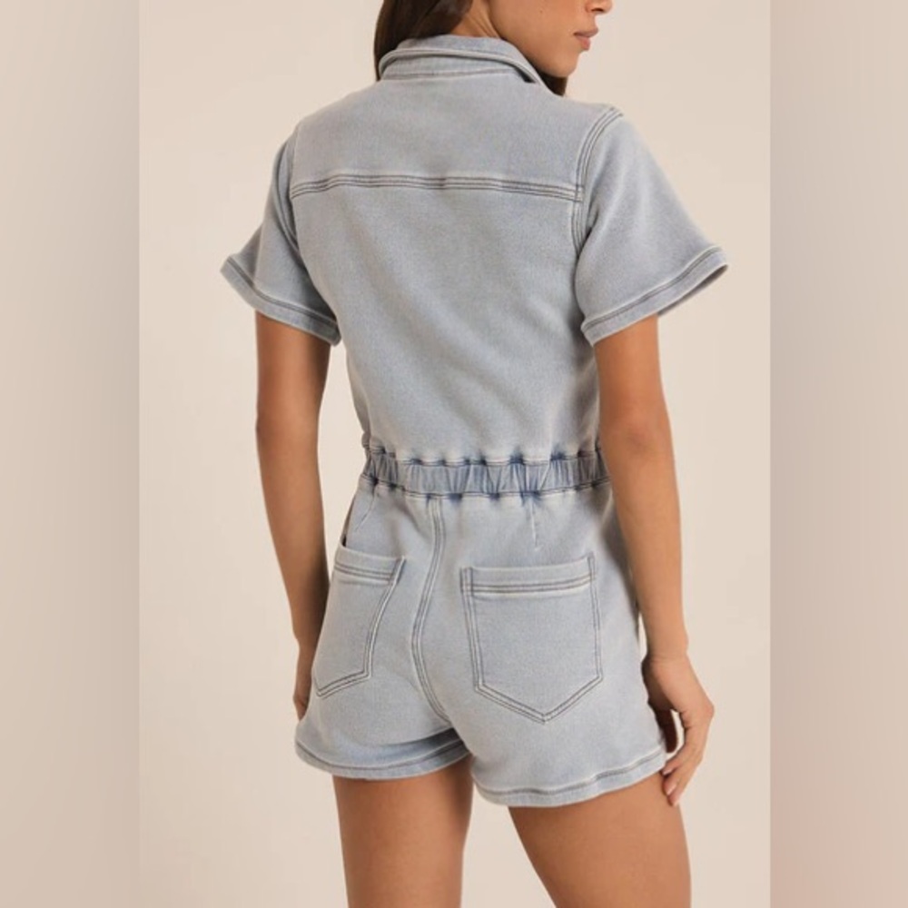 Z Supply Light Blue Denim Shorts Romper - Picture 2 of 9